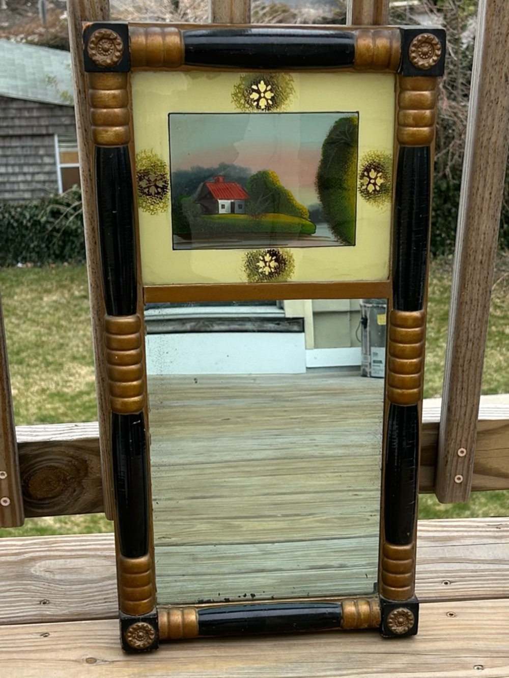 Antique American Framed Federal Églomisé Split-Column Mirror, 22”x 11.5”